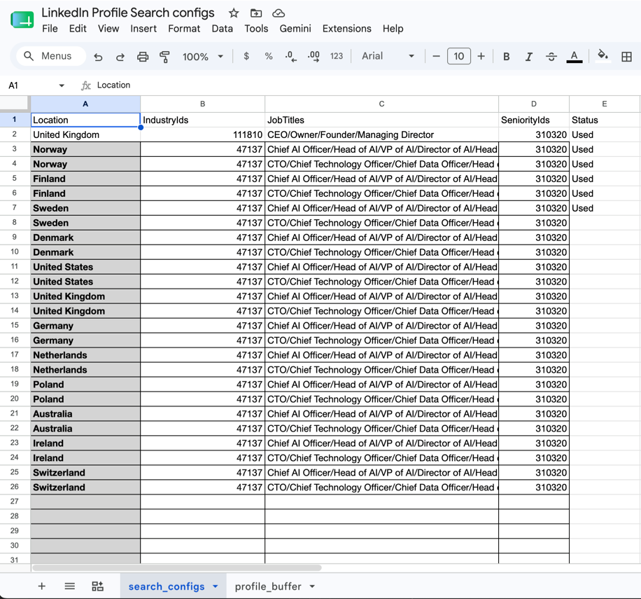 Google Sheets Search Configurations